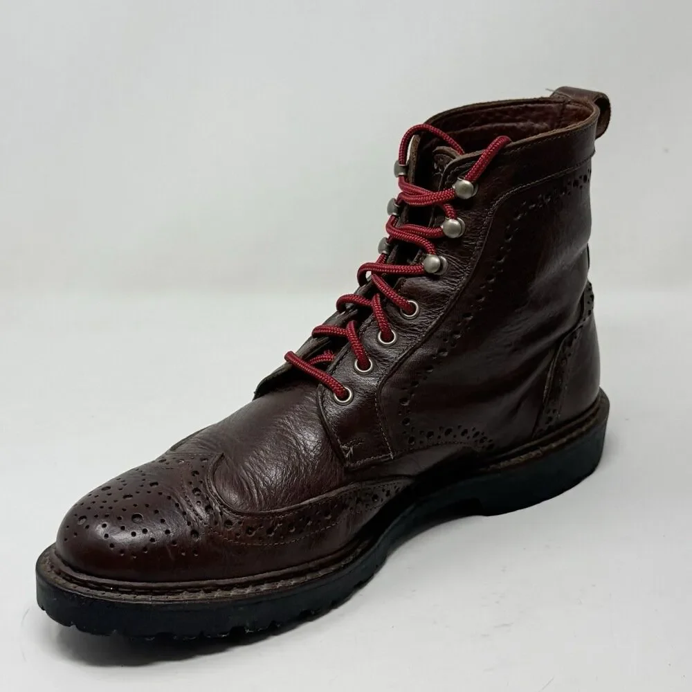 Allen Edmonds Long Branch Boots Mens 9.5 D Brown Leather Wingtip Vibram Lug Sole